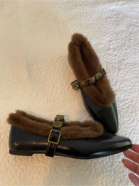 Black Mary Jane Flats with Brown Fur Trim